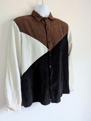 Men's Corduroy Shirt Button Front Color Block Black Brown Cream M Brand Unknown
