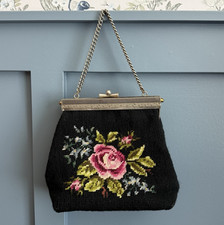 Vintage Handmade Needlepoint Purse Black Floral Rose Chain Handle Evening Bag