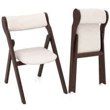 Set of 2 Folding Chairs w/Comfy Padded Backrest & Seat Natural Rubber Wood Frame