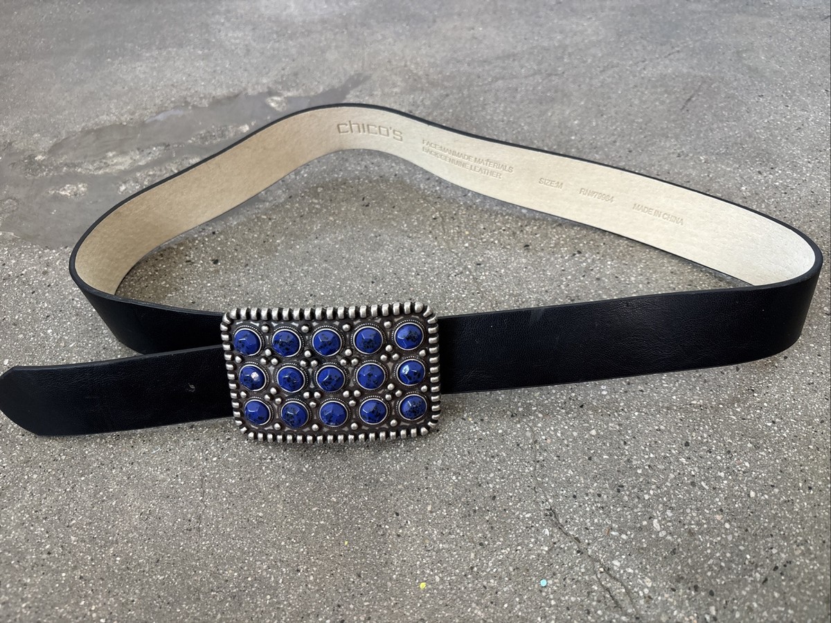 CHICOS Black leather Belt Large Blue gems On Buckle women