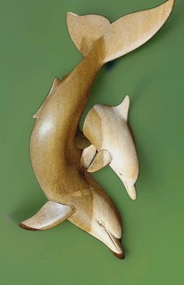 Wood Dolphin carving of mother and calf 9 in. tall.