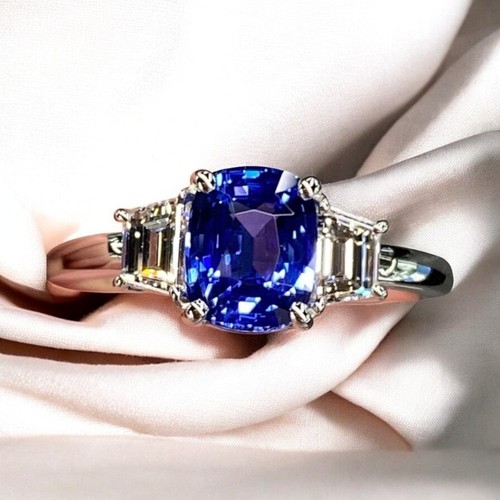 1.70 Ct Cushion Cut Blue Sapphire Lab Created Diamond Wedding Ring 950 Platinum - Picture 11 of 13