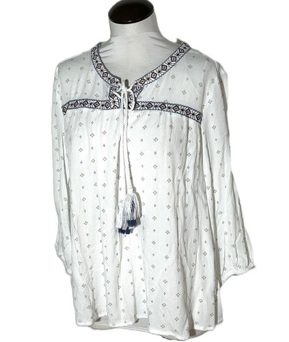 Caffe Marrakesh Boho Peasant Blouse 3/4 Sleeves White w Blue Red Trim Sz Large