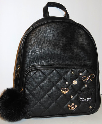 Under One Sky Pebbled Texture-Black Mini Backpack w/ Charms Fluffy Pom & Kitty