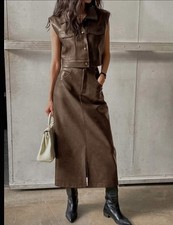 Womens Leather Like Skirt Vest Set, Sleeveless Jacket Brown Green Vintage