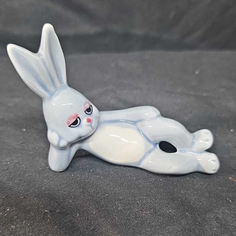 Blue Glazed Ceramic Reclining Rabbit Figurine with Hole, Approx 3 in