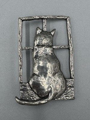 Vintage Sheridan Silver Colored Kitty Cat Sitting in Window Brooch