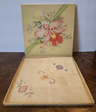 Vintage Set Of 3 Ladies Embroidered Hankies Original Box NOS 1950s Handkerchiefs
