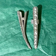 Silver Art Deco Metal Hair Clips Set of 2 Ornate Filigree Rhinestone