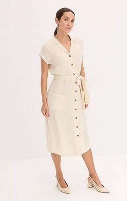 FREEMANS Shirt-Kleid Mit Bindegürtel Sand Creme Knielang Kragen Kurzarm DE 14