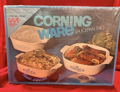 Vintage Corning Ware Saucepan Trio A-33 Blue Cornflower Brand New In Box 6 Piece