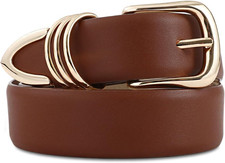 Women's Leather Belts with Gold Buckle Fashion Leather Waist Belt Elegant Ladies
