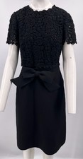 Valentino Black Wool/Silk Guipure Lace Top Bow-Belted A-Line Dress sz 10