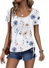Womens Tops Short Sleeve Summer Henley Shirts Scoop Neck Ruched Blouse
