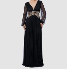 Betsy & Adam Women's Black Embellished Plunge Neck Blouson Sleeve Dress Size: 10