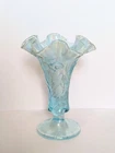 Vintage Fenton Aquamarine Iridescent Opalescent Glass Ruffled hem Daffodil Vase