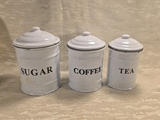 Coffee, Tea  Sugar Enameled Metal Canister Set 3-Retro Farmhouse Kitchen