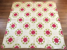 Antique 1870s Hand Stitched 12-13 spi Red & Green LeMoyne Star Quilt - 81 x 81