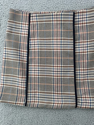 ModCloth Mini Skirt Plaid Side Stripe Womens Size 8 Stretch Cream Brown Blue - Picture 3 of 9
