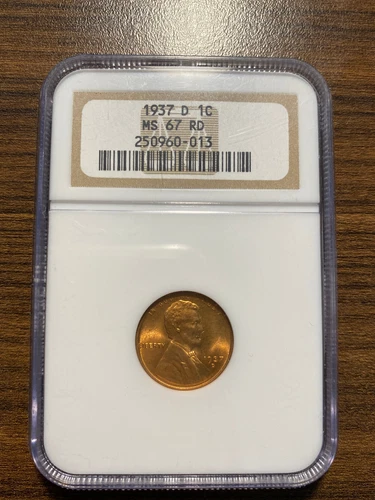 1937-D Lincoln Wheat Penny Cent 1C NGC MS 67 Red (RD) Type 1, Wheat Reverse