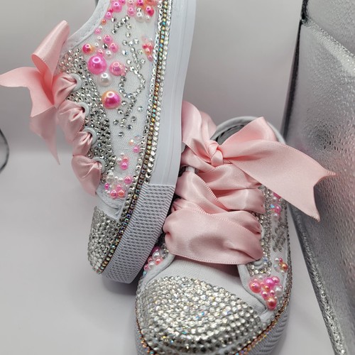 30% Off Sale blinged girl wht/Lt. pink beads & Clr Crystal,Sneakers/Canvas Shoes - Picture 11 of 14
