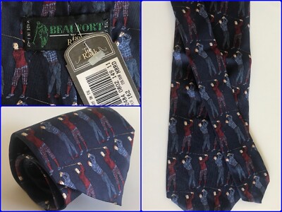 NWT Beaufort Tie Rack Blue Vtg Golfer Print Novelty Sporting Neck Tie ITALY Silk