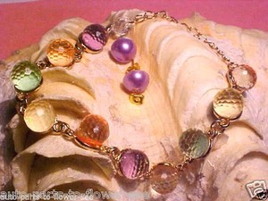 Authentic Y-46 9K YELLOW GOLD PLATED MULTI PASTEL COLORED BEADS BRACELET & EARRINGS USA