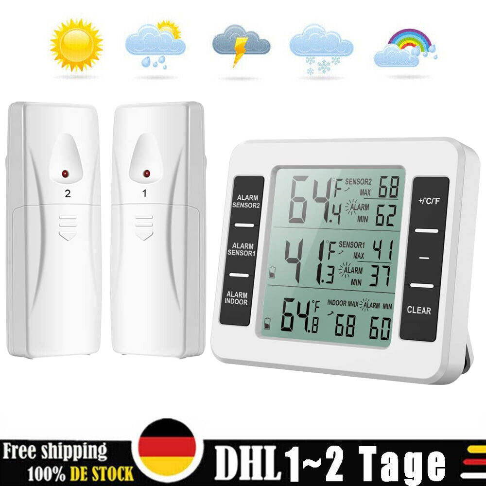Funk Digital Kühlschrank Thermometer Gefrierschrank Temperatur mit 2Sensor Alarm