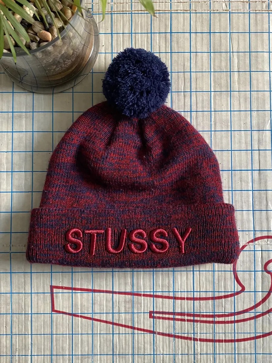 Stussy Spell Out Beanie Knit Hat Toque Red and Blue Heather Colour