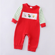 NEW Grinch Stole Christmas Baby Boys Embroidered Panel Boutique Romper Jumpsuit