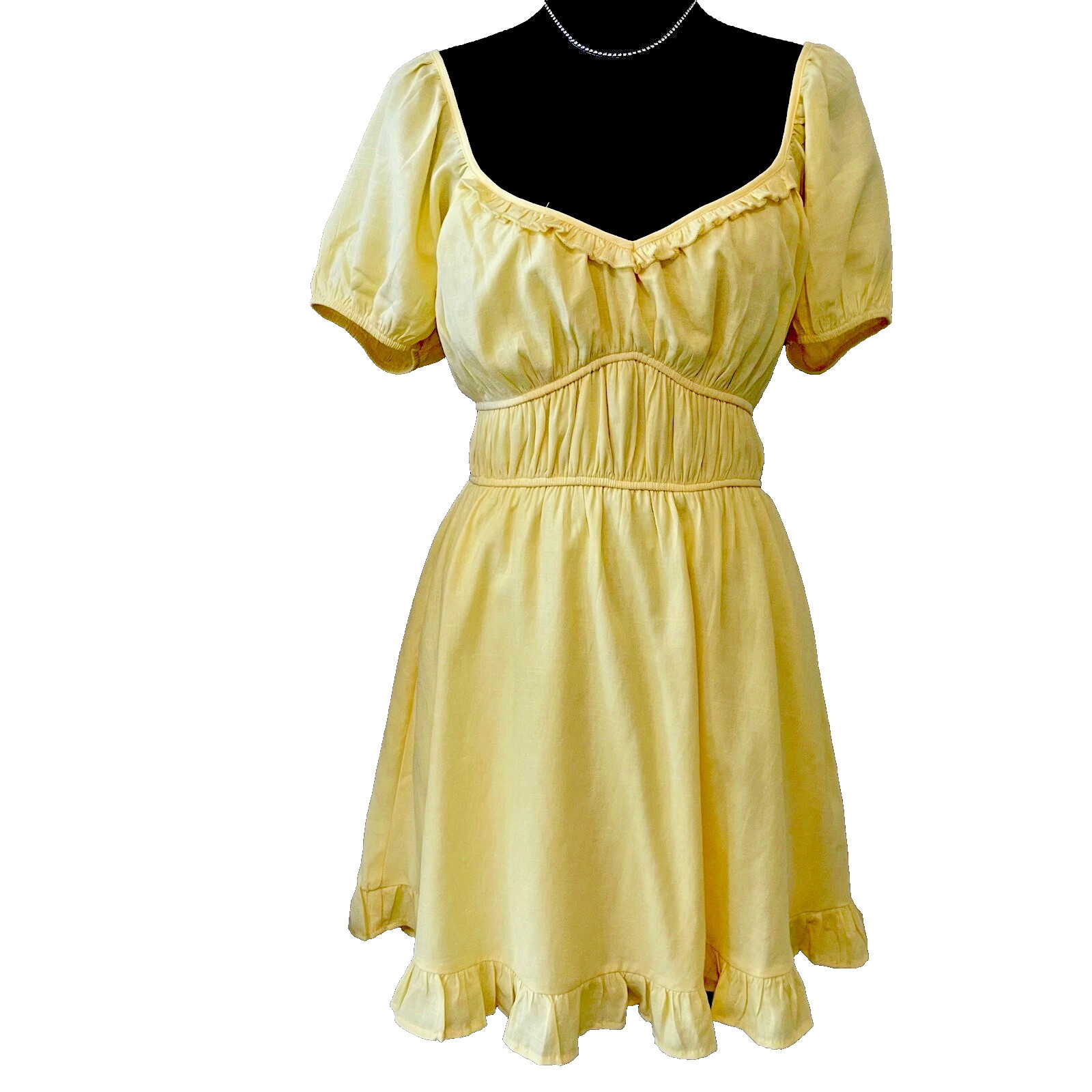 Trixxi Women's Yellow Smocked Waist Ruffled Hem Dress Peasant Mini • Size Small