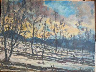 ::WOLFGANG SCHMIDT *1927 OIL PAINTING WINTER LANDSCAPE 1947 EVENING SKY SNOW ICE
