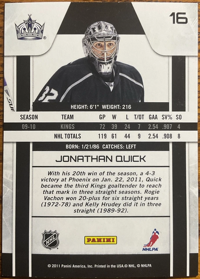 2010-11 Zenith Jonathan Quick #16 Los Angeles Kings - Image 2 of 3