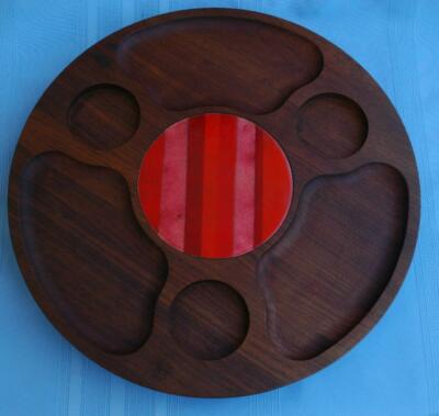 Mid Century Enamel on Copper on Walnut Lazy Susan With Red to Orange Design