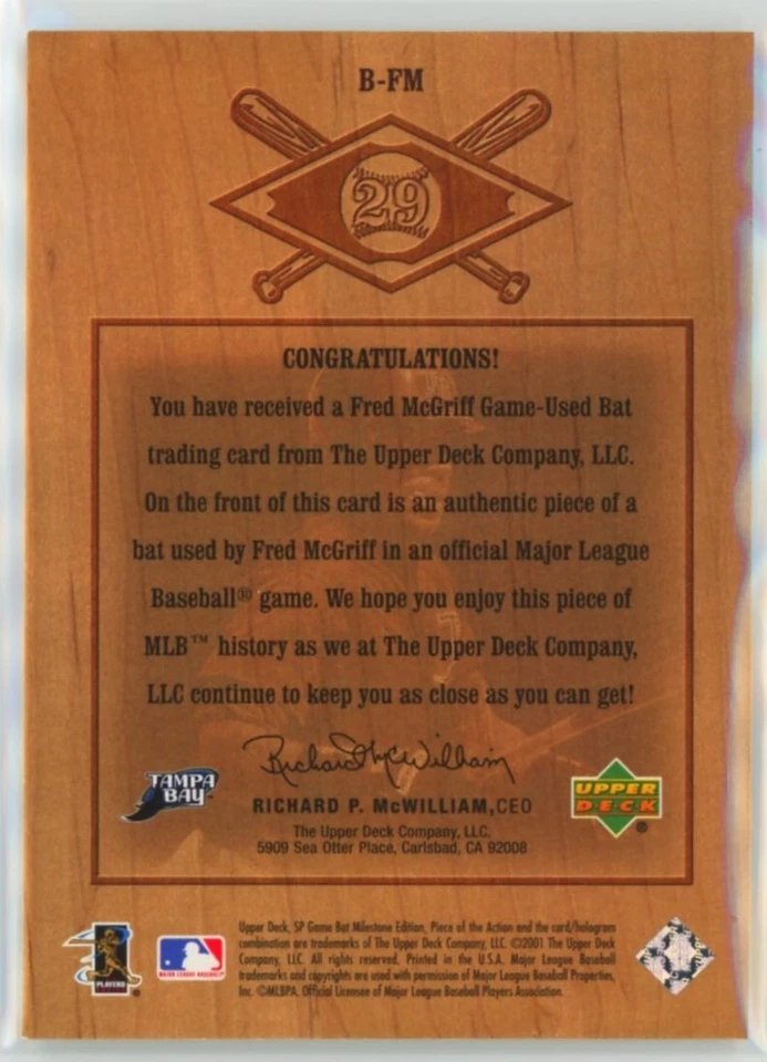 2001 Upper Deck Fred McGriff Game Used Bat Relic HOF Milestone Piece Of Action - Image 2 of 2