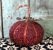 Folk Art Primitive Hand Made Seeded Seed Pumpkin decor piece made w Beans
