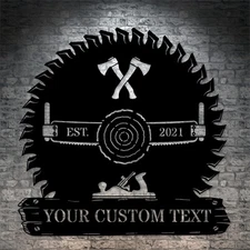 Personalized Lumberjack Saw & Axe Name Metal Sign. Custom Woodworker Wall Decor