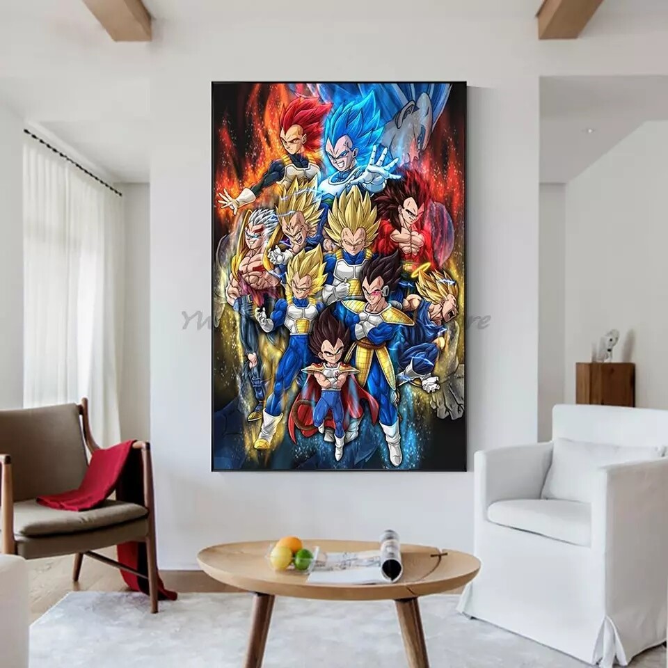 Deco Murale Anime Poster Anime Dragon Ball Z - Super Saiyan Goku Et Végéta - Toile Murale 5 Pièces Pour Déco Chambre, Salon Ou Bureau Déco Chambre Manga