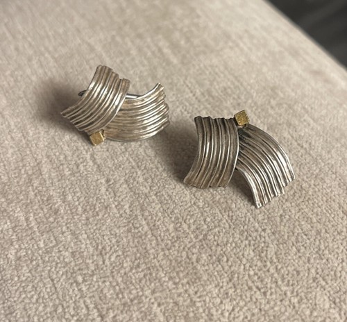 Modernist La Des Glanzer Signed Sterling Silver 14k 24k Solid Gold Earrings - Picture 5 of 12