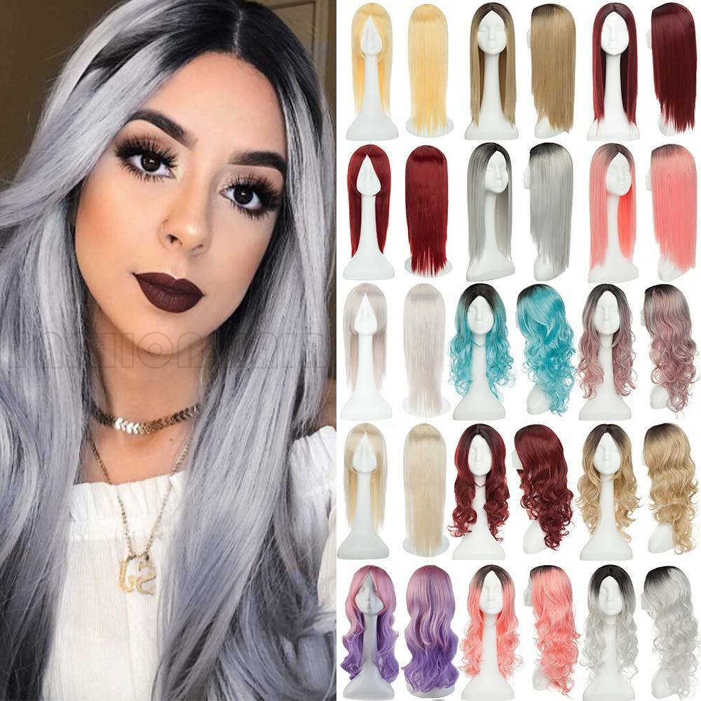 Hot Ombre Black Grey Hair Wig Women Long Straight Curly Cosplay Costume  Wigs Pk7 | eBay