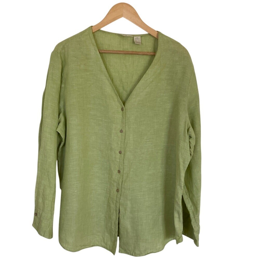 J. Jill Womens Green Long Sleeve Button Front V Neck Linen Shirt Size 2X Coastal
