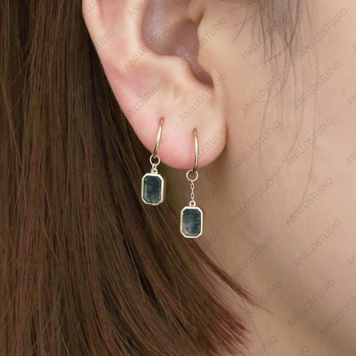 14K Solid Yellow Gold Genuine Moss Agate Drop Chain Enhancer For Necklace, Hoops - Picture 6 of 10