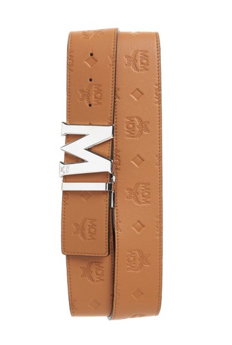 MCM Claus Embossed Logo Belt NWT Reversible Roasted Pecan Black $415 Retail