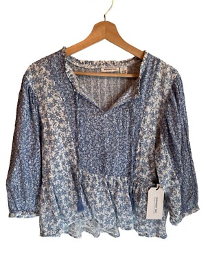 Midnight Sky Floral Blue Peasant Blouse Women's Long Sleeve Top Size L Blouse