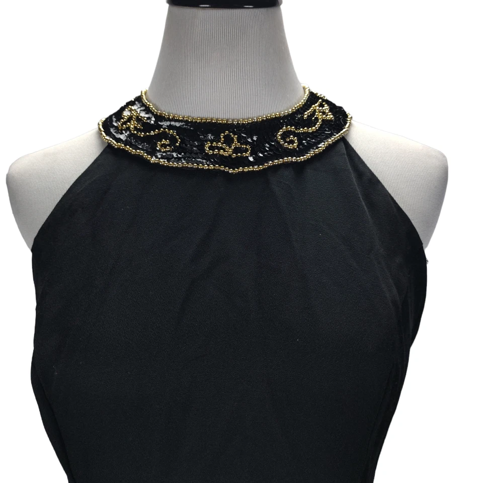 Vestido Formal Vintage Años 90 De Laru Negro Ajustado Talla 10 Abertura Lateral Lentejuelas Halter Foto 2 de 4