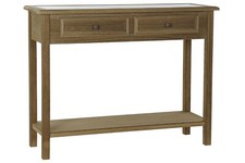 CONSOLLE TAVOLO IN LEGNO MASSELLO NOCE CON PIANO IN VETRO DECORATO  DUE CASSETTI