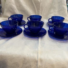 Duralex Vereco Bormioli Rivage Cobalt Blue Swirl Glass Tea Cups Saucers 12 Piece