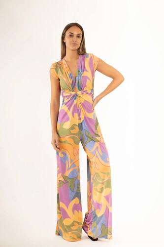 Elegant Gebäude Gedruckt Knot Kurz Hülle V-Ausschnitt Jumpsuit APPST2 - Bild 2 von 3