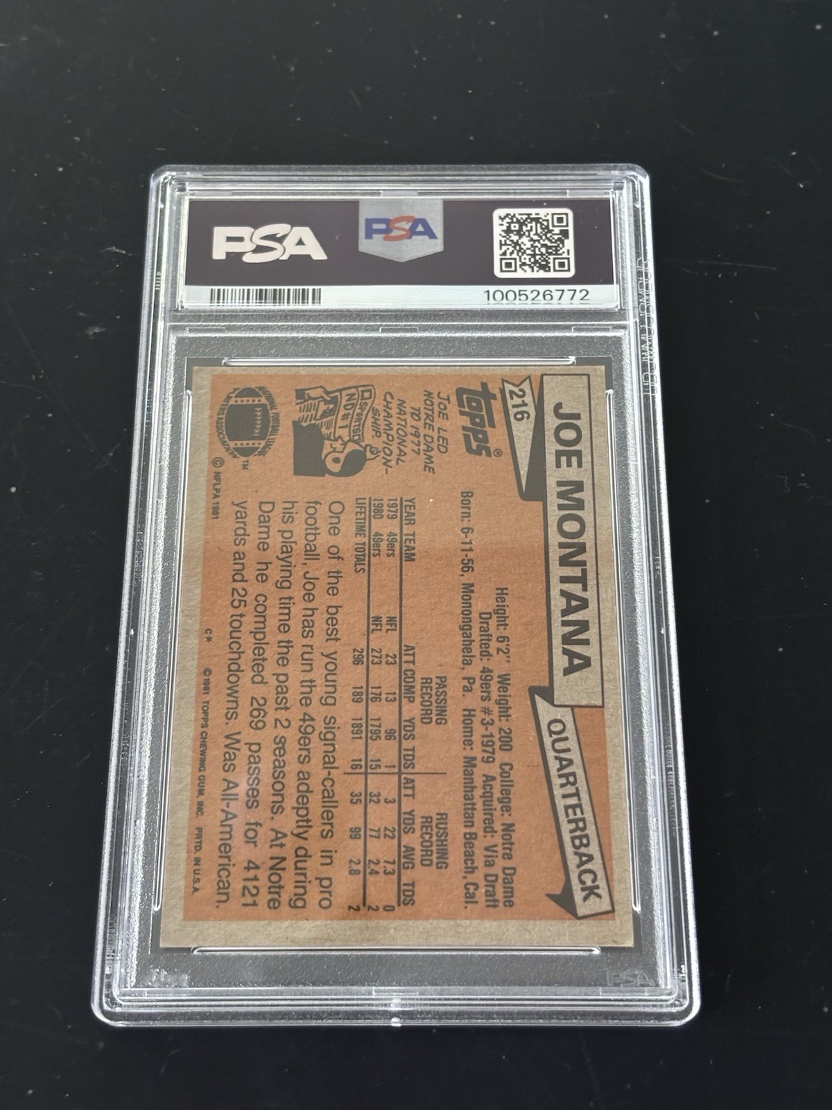 1981 Topps Joe Montana #216 Rookie PSA 6 San Francisco 49ers HOF view 2