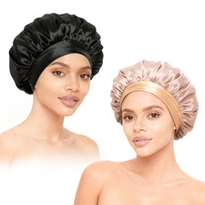 2PCS Satin Sleep Bonnet for Women Silk Hair Caps Soft Elastic Band Gold Black